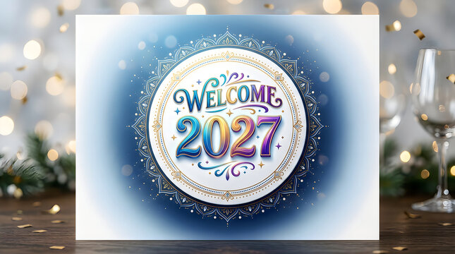 Welcome 2027 text with festive bokeh lights and celebratory elements in a New Year's Eve setting