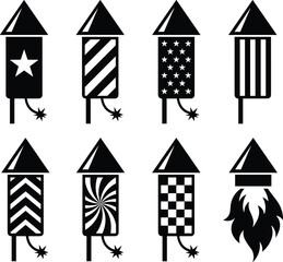 Obraz premium Firework rocket silhouette collection, celebration pyrotechnic vector icons, festive holiday illustration bundle for events