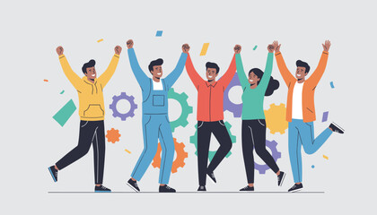 Obraz premium Diverse group of young people cheering and holding hands in a success celebration representing teamwork and joy in a modern flat design.