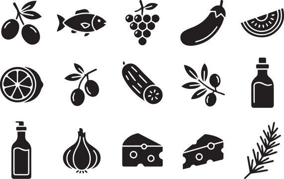 Mediterranean food icon set with black vector elements, healthy diet ingredients including olives, fish, grapes, and vegetables ect.