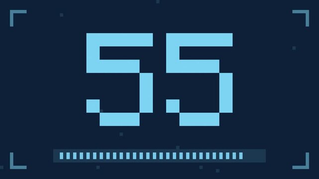 Blue 60 second pixel countdown timer from 60 to 1, 8bit retro arcade game style