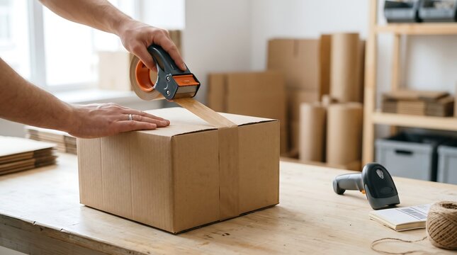Hands sealing cardboard box with packaging tape for shipping and fulfillment