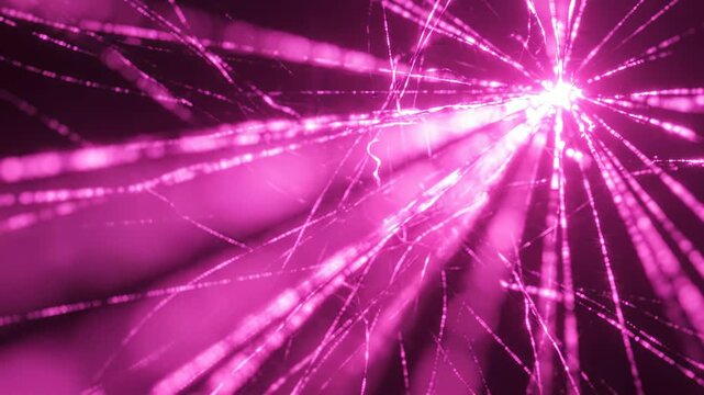 Abstract background with bright purple light rays and glowing particles radiating from a central point