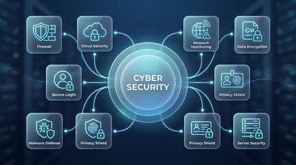 Fototapeta premium Cyber security infrastructure dashboard displaying enterprise network protection firewall data encryption and malware defense protocols