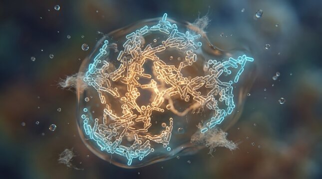 3d render of cancer cells spreading with glowing blue and orange biological structures.