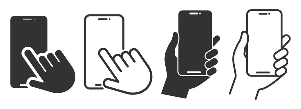 Phone hand gesture icon set with touchscreen interaction symbols on transparent background