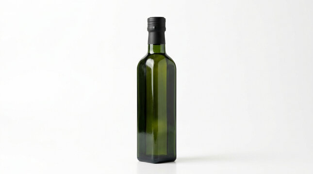 Tall square glass bottle with a matte black pour spout and no branding on a solid white background
