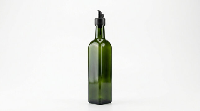 Tall square olive oil bottle in dark green glass with a matte black cap isolated on a pure white backdrop
