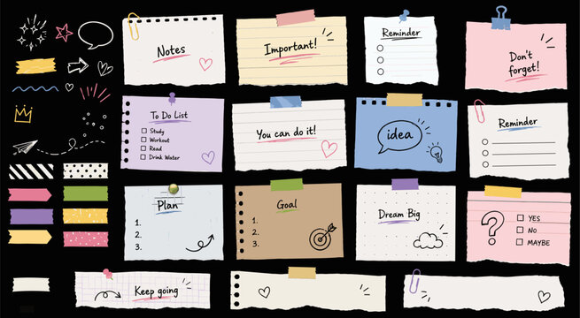 Torn paper scraps with hand drawn doodles, crumpled memo notes with adhesive tape. Pen scribbles on ripped notebook sheets, paper shreds with damaged edges, collage vector elements set