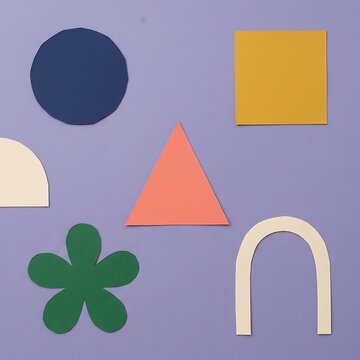 Colorful geometric shapes including a circle square triangle and flower on purple