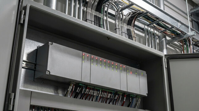 Programmable logic controller with wiring and indicator lights inside industrial control panel cabinet