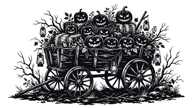 Spooky halloween wagon filled with carved jack o lantern pumpkins and lanterns