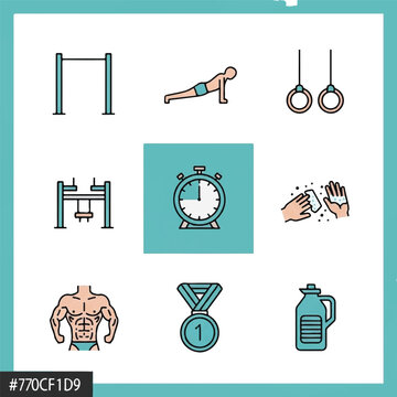 Fitness icons with stopwatch and medals.