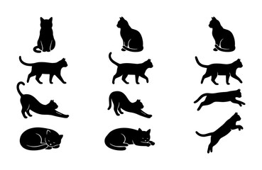 Fototapeta premium 70 Black Cat Silhouettes Collection, Feline Poses Vector Set, Domestic Animal Icons for Design, Cute Pet Graphics 100