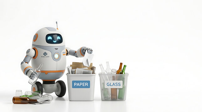 A cute friendly robot sorting glass and paper waste into recycling bins.