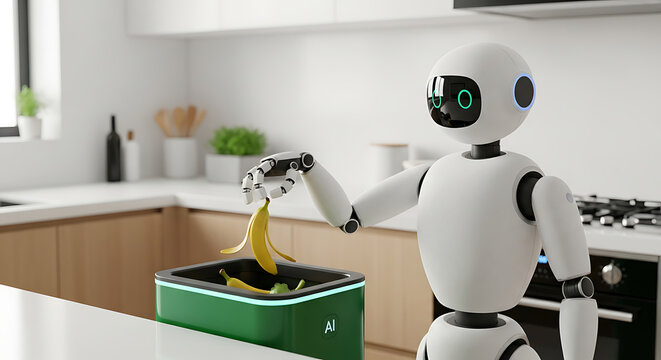 A futuristic white robot throwing banana peels into a smart kitchen compost bin.