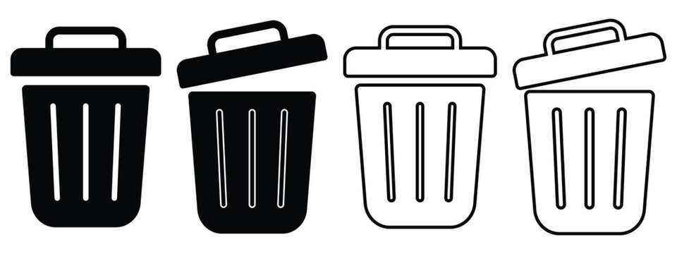 Trash Can Garbage Bin Icon Set in Solid, Outline and Hand Drawn Styles for Waste Management Vector Collection