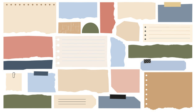 Torn paper scraps, ripped notebook pages. Crumpled collage sheets with damaged edges, wrinkled old newspaper clipping, vintage letter shreds, torn book page, ragged memo note vector set