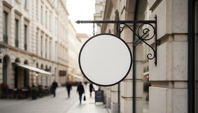 Blank round white shop sign hanging from a wrought-iron bracket on an old building facade in a bustling European city street.