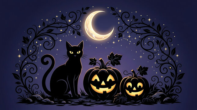 Black cat sitting next to glowing carved pumpkins under a crescent moon