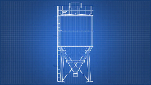 Cement Silo Storage design and engineering - technical drawing blueprint. 3D rendering isolated on blue background. Ideal for professionals, educational, engineering design