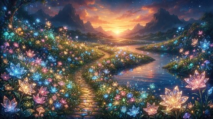 Fototapeta premium A breathtaking, magical landscape unfolds before the viewer, showcasing a vibrant river winding through a lush valley filled with glowing flowers and butterflies.