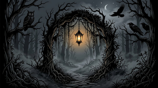 Spooky gothic forest gate with glowing lantern and dark mystical atmosphere