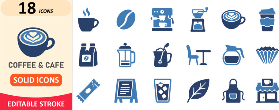 Set of 18 coffee and cafe shop solid vector icons with french press ice coffee hot drink espresso beverage caffeine