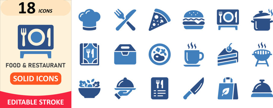 Food and restaurant industry solid icon set with chef hat restaurant culinary barbecue delivery nutrition catering