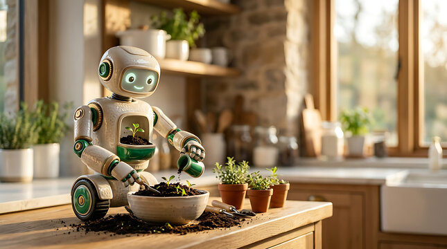 A friendly small robot watering tiny green plants on a kitchen counter at home.