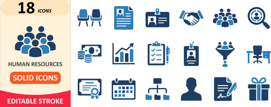 Human resources and corporate management solid icon collection with resources management corporate business staffing