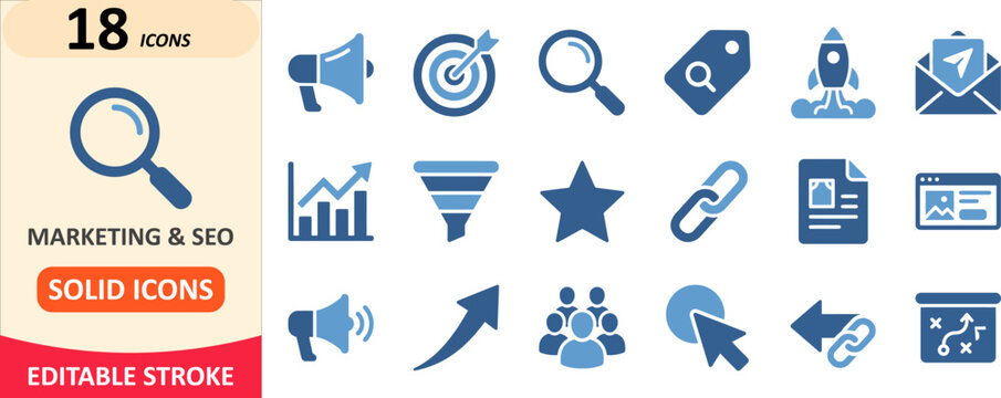 Digital marketing and search engine optimization solid icon set with marketing business analytics strategy megaphone