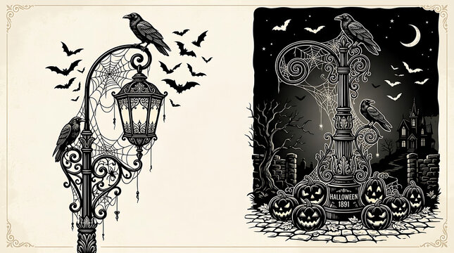 Vintage halloween street lantern scenes with flying bats and crows, jack o lante