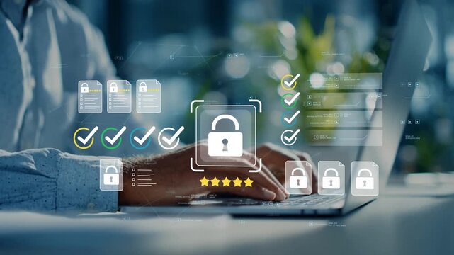 Business executive using laptop with enterprise security dashboard, cybersecurity lock icon, compliance checklist and confidential data protection interface
