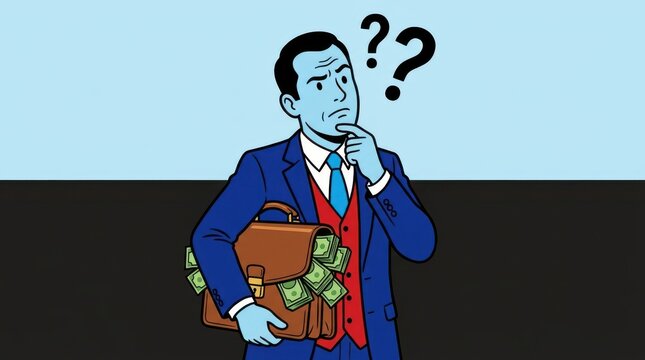 Businessman holding briefcase full of money looking confused with question marks above head.