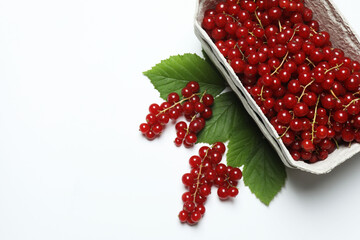 Redcurrant berries with green leaves on a white background. © Pixora ST 