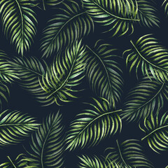 Fototapeta premium Palm leaf seamless pattern. Watercolor hand drawn isolated botanical illustration on background. Perfect for tropical design projects. For designers, invitations, logo, decoration, postcards, wrapping