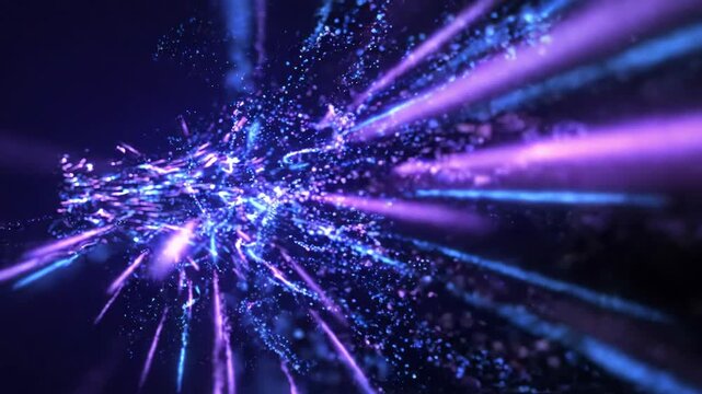 Abstract explosion of glowing blue and purple particles with light streaks, high speed data transfer concept