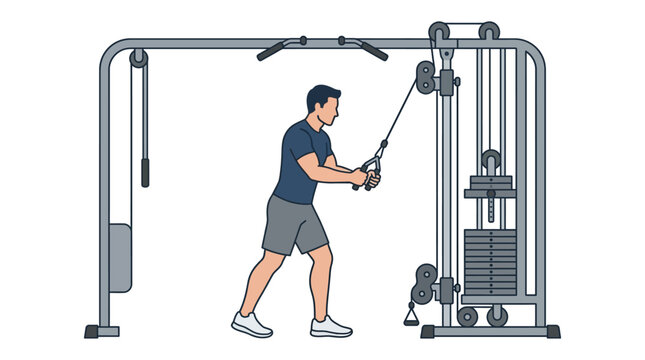 Man Performing Cable Tricep Pushdown Vector Illustration