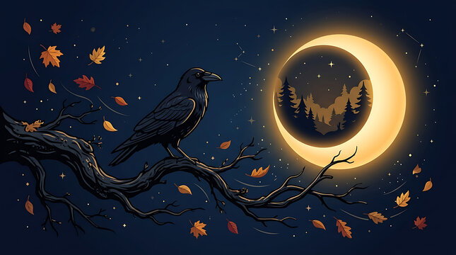 Black crow perched on tree branch under glowing crescent moon with crescent