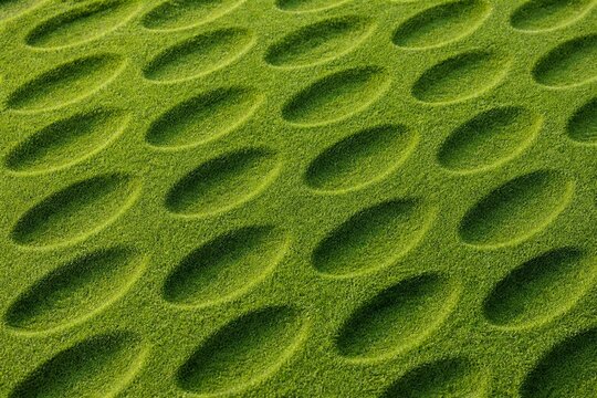 Aerial view of repeating elliptical indentations pattern on lush green grass.