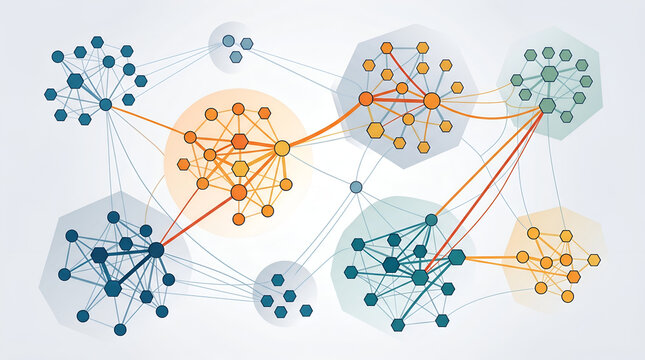 Abstract Data Visualization Network Graph with Interconnected Clusters and Nodes