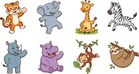 Obraz premium Cute Safari Animals Cartoon Vector Set with Wild Jungle Wildlife Character Collection