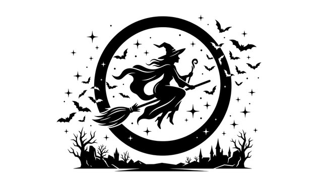 Witch flying on broomstick silhouette in circle with bats and spooky forest