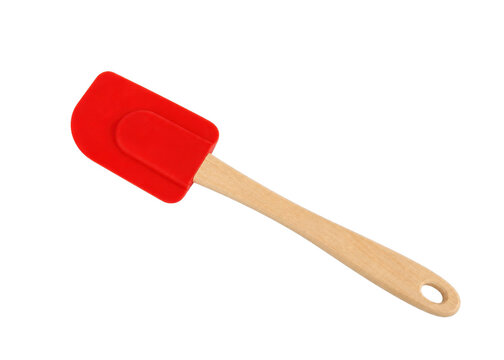 Red silicone spatula with a wooden handle for baking and cooking tasks