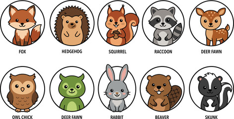 Obraz premium Cute Woodland Animal Avatar Cartoon Vector Icon Set with Forest Wildlife Character Faces
