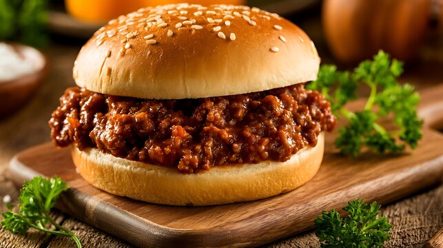 Freshly baked cheeseburger with sesame bun on wooden board with broccoli