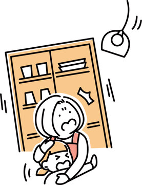 大きな地震の揺れに抱き合って怯える親子_2色