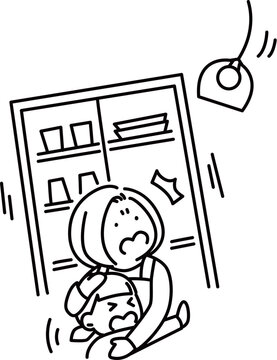 大きな地震の揺れに抱き合って怯える親子_線画