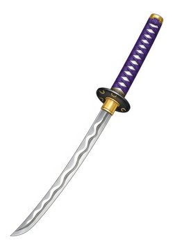 Traditional Japanese Samurai Sword Illustration with Purple Hilt and Wavy Blade Pattern Isolated on White Background